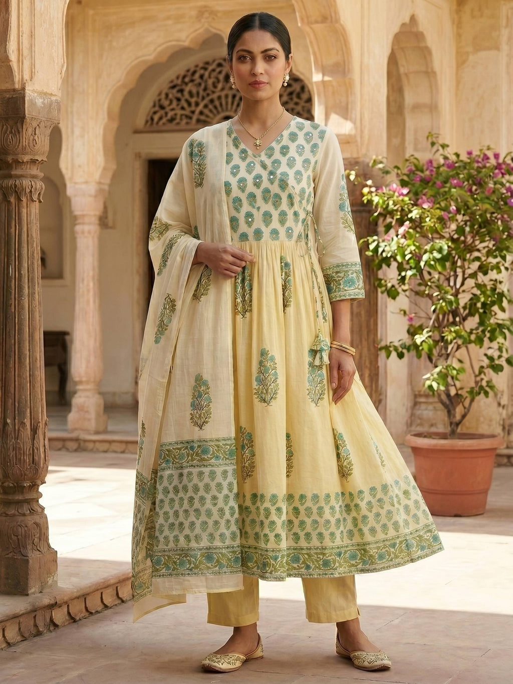 Aabha Yellow Cotton Angrakha Kurti Set KST01