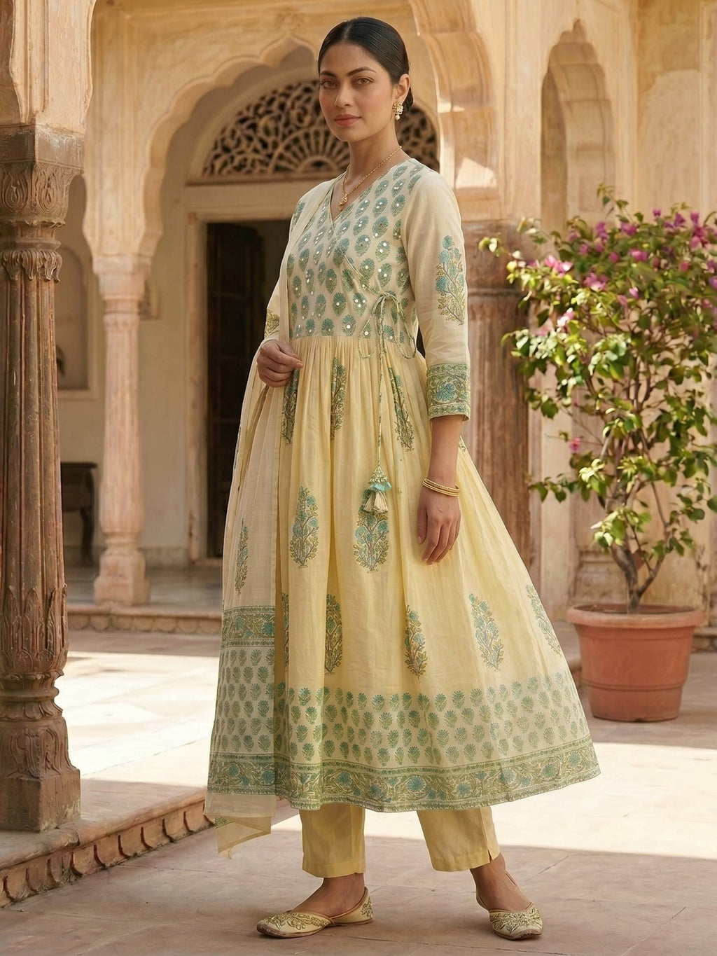 Aabha Yellow Cotton Angrakha Kurti Set KST01