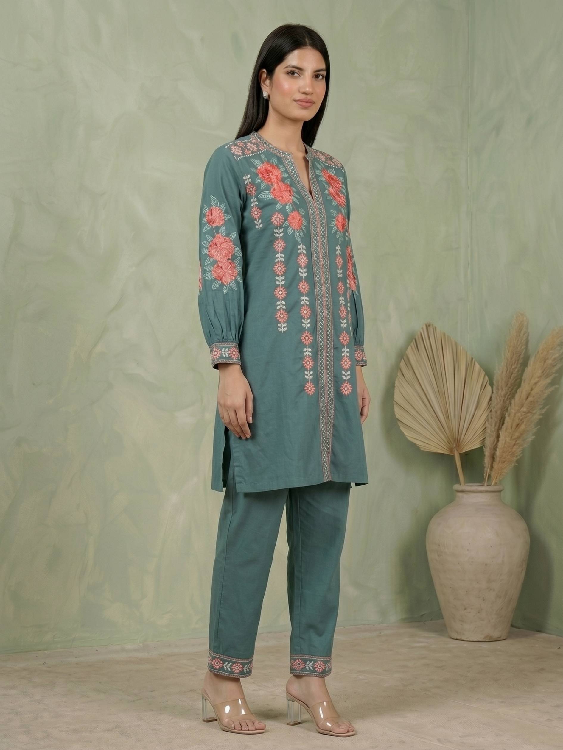 Gulnaar Teal Cotton Co-ord Set COS03