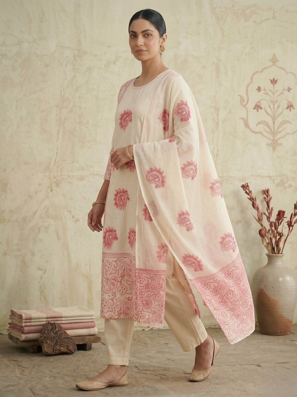 Side view of ivory pink printed cotton kurti set with dupatta