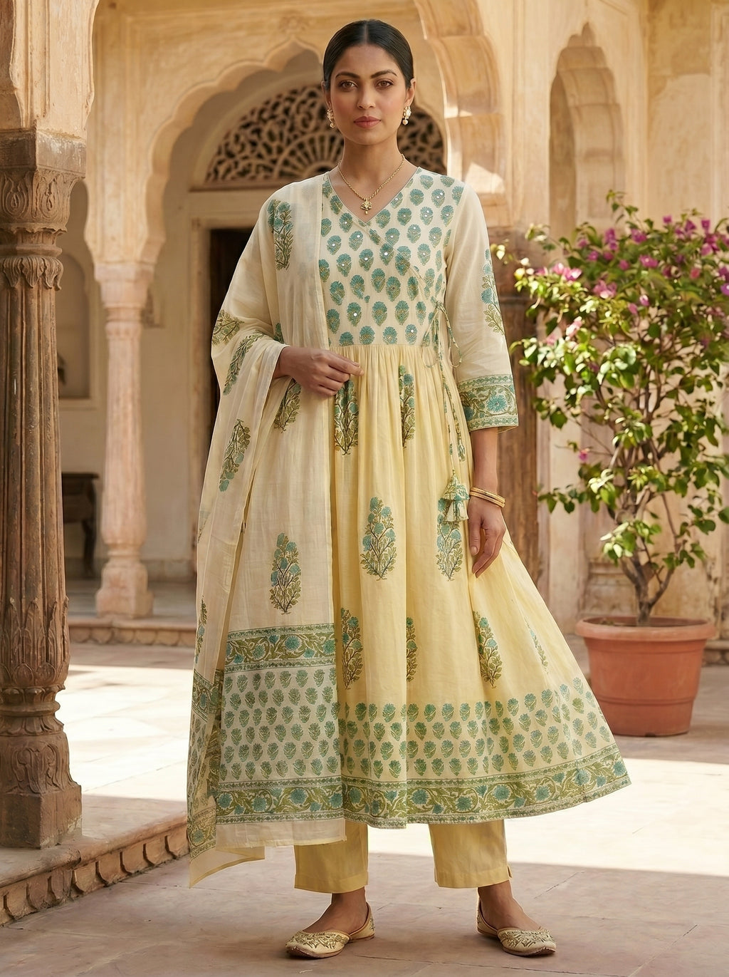 Aabha Yellow Cotton Angrakha Kurti Set KST01