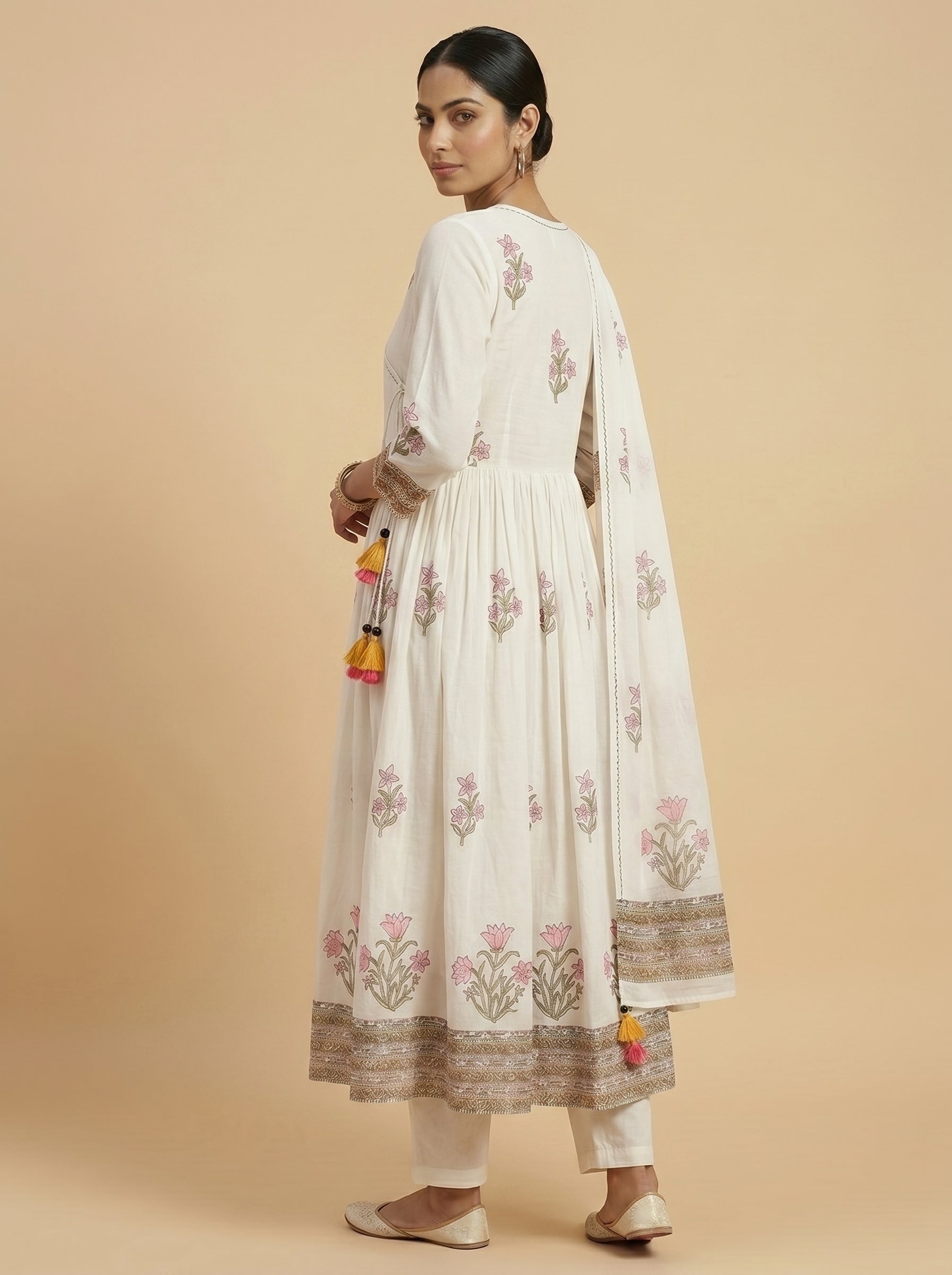 Back view of ivory cotton kurti set with pink floral print and dupatta