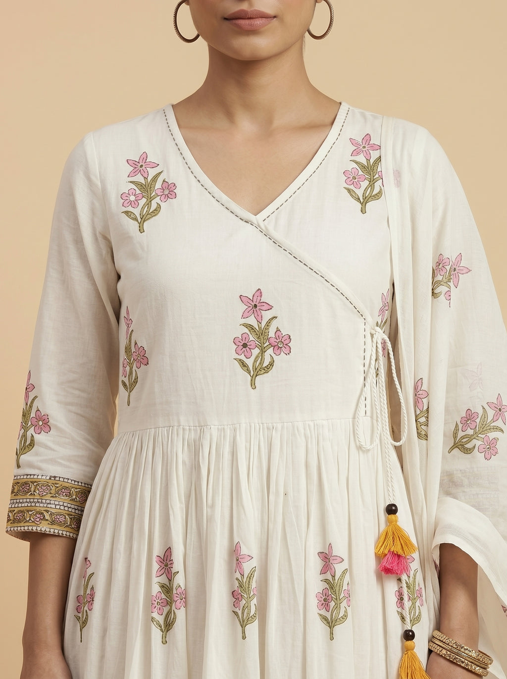 Close up of Angrakha neckline and pink floral print on ivory cotton kurti set