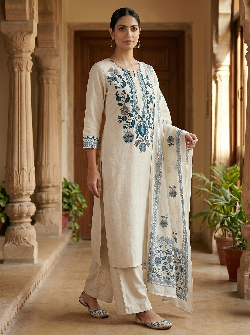 Side view of straight cotton kurti set with blue floral dupatta