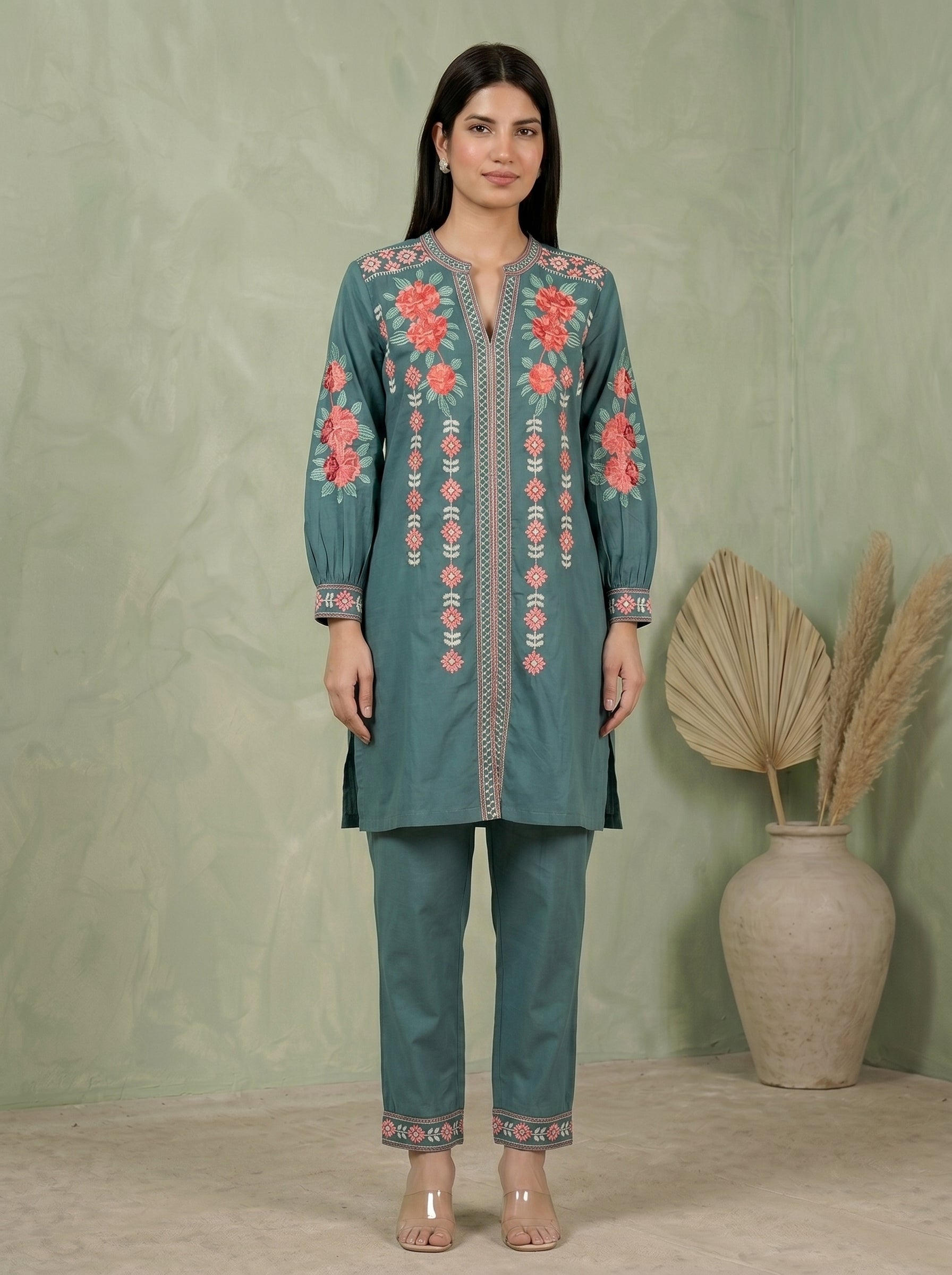 Gulnaar Teal Cotton Co-ord Set COS03