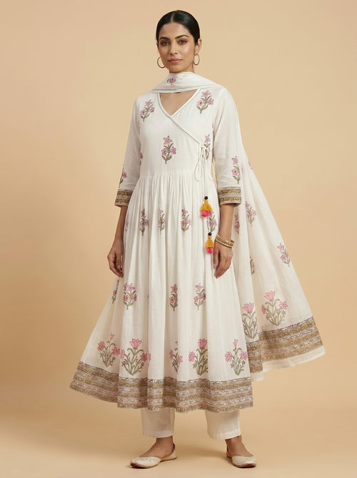 Ivory cotton Angrakha kurti set with dupatta for women by Yes Madam Jaipur