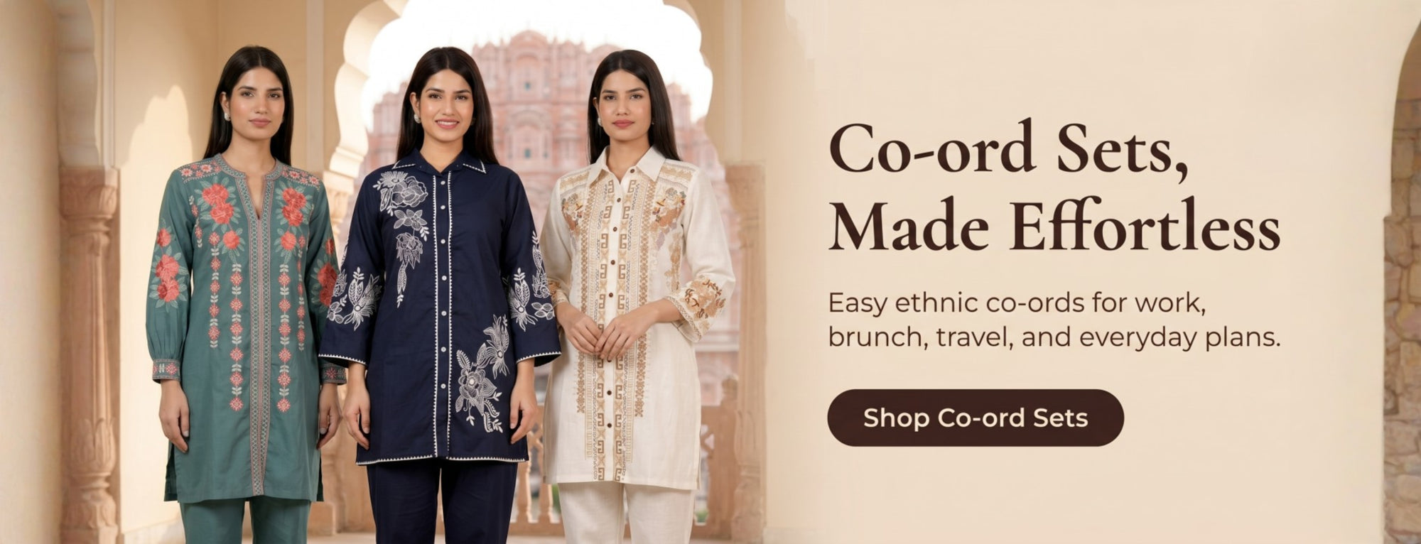 Three women wearing coordinated outfits with text promoting co-ord sets.